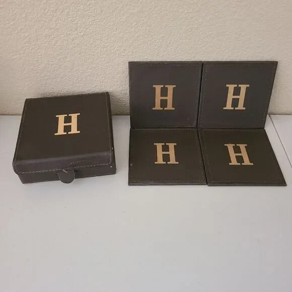 charge it by joey set of 4 brown leather coasters monogrammed with letter H - Picture 5 of 5